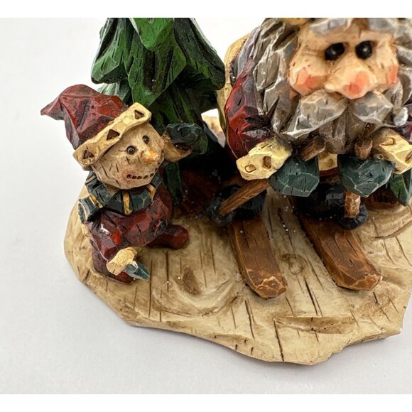 Santa Claus Skiing Christmas Figurine Snowman in Pine Trees Rustic - Picture 7 of 8